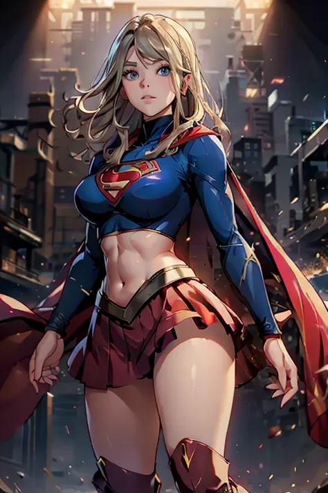 Hailee Steinfeld as Supergirl, standing, Supergirl costume, big boobs, slim waist, wide hips, toned abs, thighs, navel, knee high red boots, red cape, blue top, red skirt, Supergirl outfit,, wearing supergirl_cosplay_outfit,, bleach blonde hair, blue eyes,...