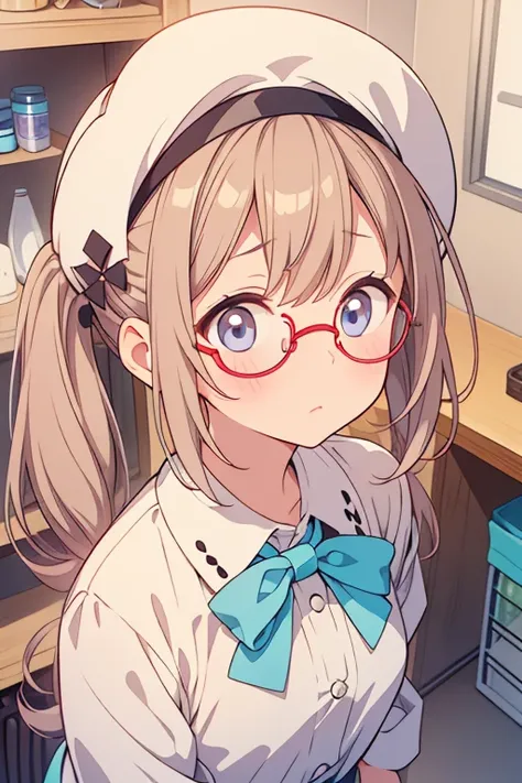 Looking up、 is shy、I have a medicine cabinet、 white twin tail 、Worried face、Round Glasses、Round hat