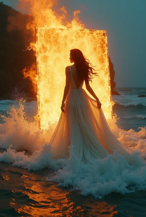 A photorealistic representation of a human figure wearing a long, flowing silk dress that seamlessly transitions into a turbulent ocean, with the dress merging into waves. The scene captures the figure surrounded by a mystical, magical fire igniting a canv...