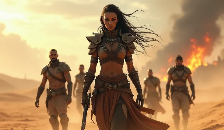 
A fierce alien warrior named Xira stands tall in the vast desert, her eyes filled with determination as the winds whip around her. Behind her, a group of battle-weary soldiers with scars and tired faces, looking towards a distant horizon where a burning, ...