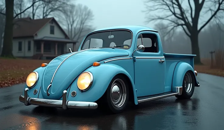 A classic sky blue  Volkswagen Beetle pickup muscle car with a bold and aggressive front design, featuring a chrome grille, iconic dual headlights, and retro-style wheels. The car is parked outdoors on a wet road, surrounded by bare trees and a vintage hou...