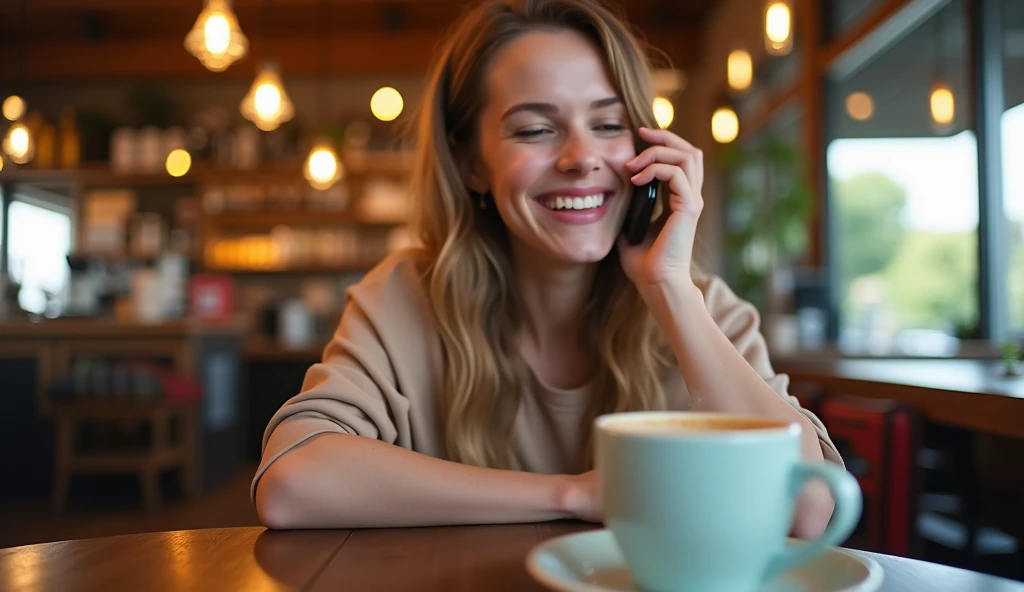 Create an image of a woman laughing while chatting on her phone at a cozy coffee shop, her expression carefree and radiant, with a steaming cup of coffee in the foreground, shot with a Sony A7S III, 50mm f/1.4 lens, vibrant tones, aspect ratio 16:9