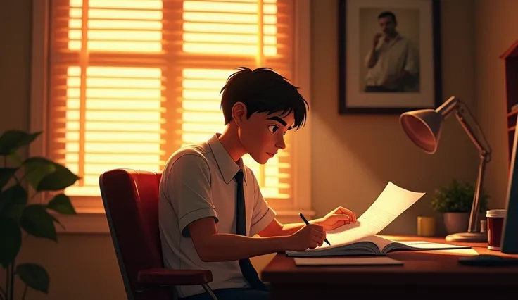 A younger Jerry in a modest office, intensely studying documents, with a faint smirk of ambition; soft golden lighting streaming through blinds, illustration realist, street light in gold and red tones, cinematic quality, 8k, 3D photography,