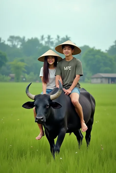 a cinematic photo of an Asian woman with long hair wearing casual clothes wearing a shorts, bare feet, riding a buffalo, standing next to her a Korean man with short hair wearing a T-shirt wearing shorts bare feet, they are wearing traditional Indonesian h...