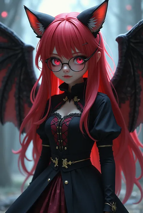 A nerdy Catgirl wearing glasses and witch cloths with pink eyes and long red hair with black highlights as a Fallen Angel with black and red seraphim wings