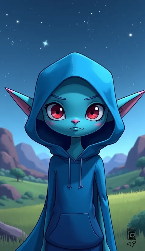 A 2D illustration of a blue alien with a hood, with a landscape in the background, with a starry sky, presenting the appearance of characters from the Cartoon Network Adventure Time animations, with pointy ears.