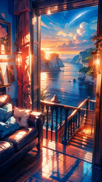  Balcony painting 、Sea of glowing constellations, Turquoise and emerald lighting,  beautiful dreamy lighting , Sky blue and blue lighting, Dreamy colors, Sea cliff view, Gorgeous and romantic moonlit night, Moonlit cliff side,  shining curtains ,  Beautifu...