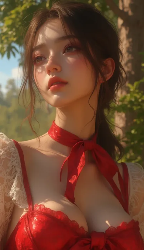 raw photo, photo realistic, realistic skin, masterpiece, best quality, amazing quality, absurdres, very aesthetic, close shot of a female, large breasts, dress with a big red ribbon, sitting outdoors, scenery