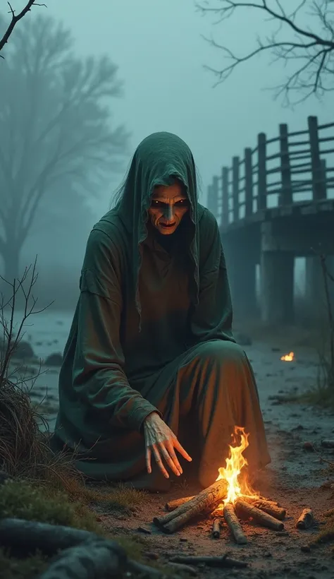 A swampy, desolate patch of land near a small wooden bridge. A ghostly old woman in tattered clothes kneels beside a flickering fire, surrounded by mist. Her face appears ghastly, with hollow eyes and a menacing grin.