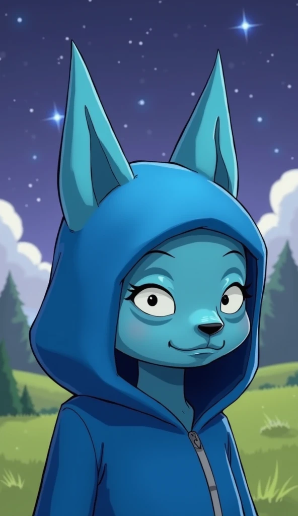 A 2D illustration of a blue alien with a hood, with a landscape in the background, with a starry sky, presenting the appearance of characters from the Cartoon Network Adventure Time animations, with pointy ears.