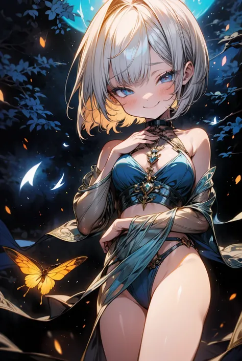 One girl with short blonde bob hair and blue eyes , ,,Smile more,  high definition, woman,  her hair is adorned with glowing fireflies , Captivatingly shining eyes.  wears a moonlight woven gown and metallic blue bikini,  she is standing in a mysterious fo...