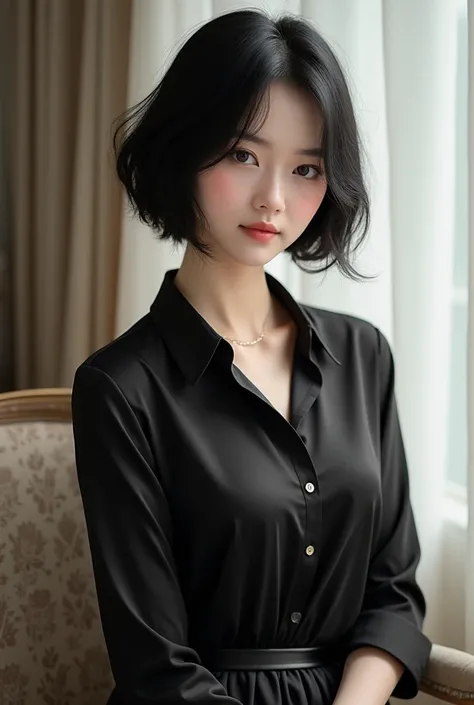 Web novel주인공, High definition, 앞머리없는 short haired ,  romance fantasy , Web novel, 20 year old beauty ,  Black hair and eyes , short haired , black silk shirt and silk skirt, Elegance,  attractive , Elegance