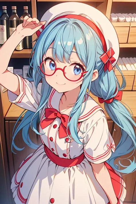 Looking up、 is shy、I have a medicine cabinet、 white twin tail 、smile、Round Glasses、Round hat