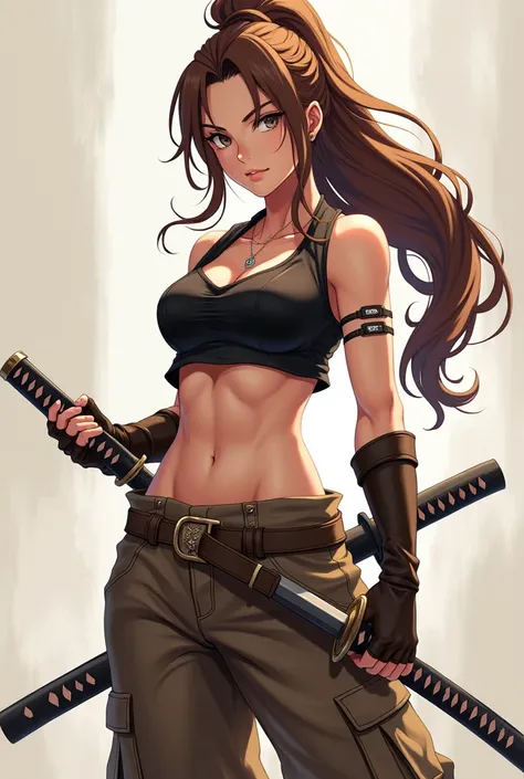 Girl anime with brown long hair with a high braid with a katana on the hips and abs brown clothes cropped baggy pants and long brown gloves 