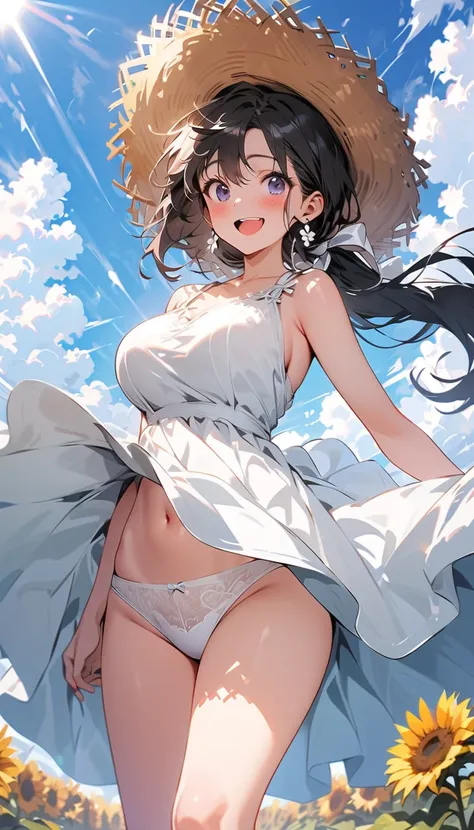 ( beautiful girl : 1.3), 1 girl,( white dress, Straw Hat , earrings for women with first name,Sandals,Pure white underwear, thick pubic hair), black hair, ponytail,smile,blush,Embarrassed, dynamic angle ,Strong winds, The skirt flips up in the wind,Sunflow...