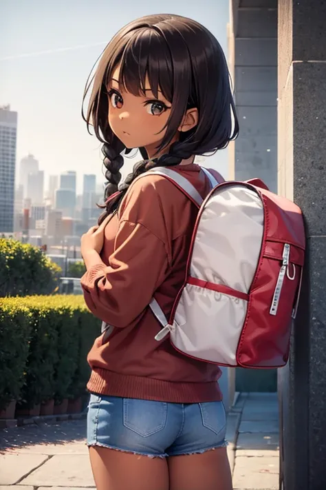  Dora is approximately five years old  ,  with dark brown skin and dark brown hair  ,   usually tied in two side braids  .   Her eyes are big and brown  ,  And she always wears colored shorts and red shoes.   A striking detail is her red backpack  ,   that...