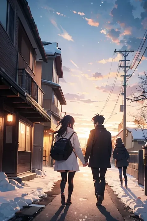 Under the sunset sky, Couple of men and women walking hand in hand, student, In uniform, Winter clothes,  anime style,  back view, Pale atmosphere, Snow Scene