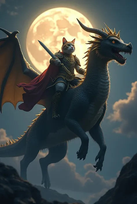 A cat dressed as a warrior riding a crowned dragon soaring through the night sky under the light of a full moon.

