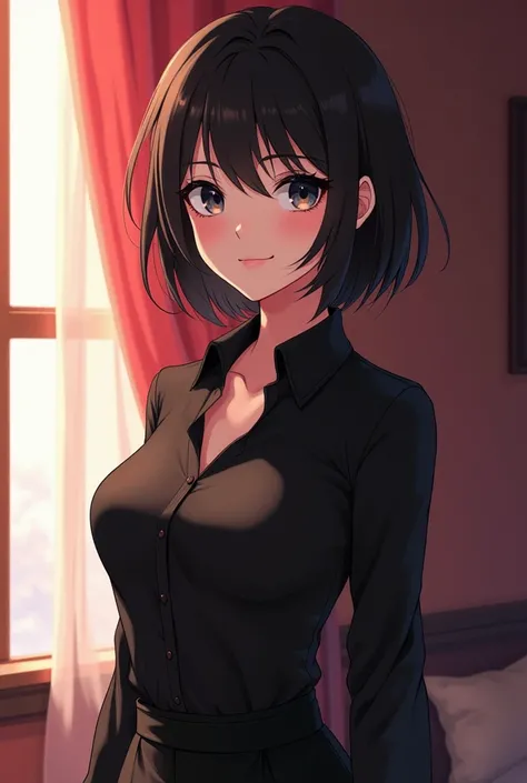 animated film,Web novel주인공, High definition, 앞머리없는 short haired ,  romance fantasy , Web novel, 20 year old beauty ,  Black hair and eyes , short haired , black silk shirt and silk skirt, Elegance,  attractive , Elegance