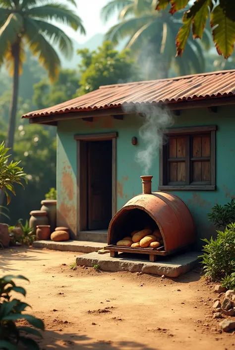 Old Caribbean House with dirt yard and drum crude oil drum oven with bread baking
