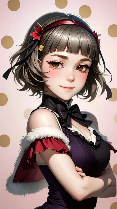 (((solo))), 1 woman, Sakuya Kurobane, sakuyaunif, kurobane_sakuya, (brown eyes), short hair, grey hair, black hairband, blue hair flower, red eyeliner, blush, smile, beautiful chest, medium chest, (upper body), santa claus