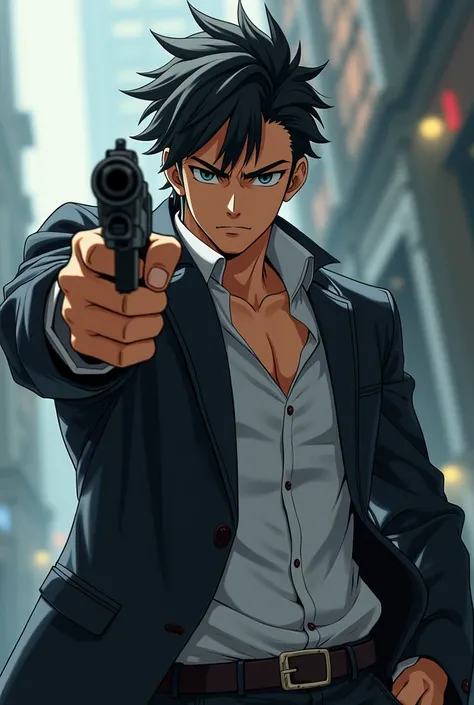 A tall anime boy having pistol in his hand and background blur . His body language is cool.