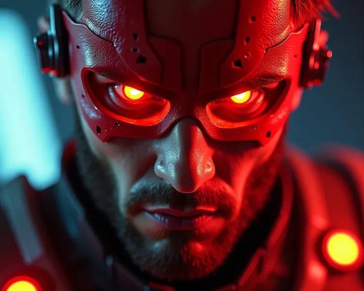 a close-up of a man in a blue suit with a RED light on his face, Henry Cavill, cyclops, futuristic red lens, seus olhos brilhando amarelo, x-man costume, Taron Egerton as Wolverine, no text, x man costume, vibrant fan art,((( red cyborg eyes ))), x-man bit...