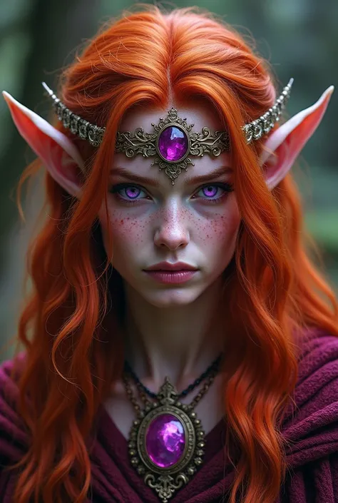  Celtic Druid elf king with a very effeminate appearance , purple eyes,  long red hair like a rose , fair skin with scabies ,  violet eyes and an eye slap on the right side using a powerful cedar with a bright purple jewel full of magic. 