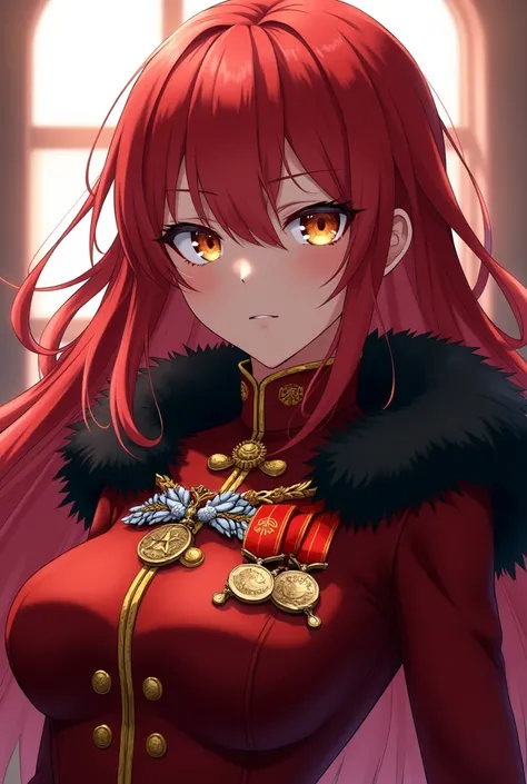  written on her costume. An anime lady wearing the dark scarlet military uniform of the Scarlet Army, and a black fur coat wrapped around her shoulders.

Gold medals and achievement badges were attached to her chest. .

Her scarlet hair flowed down her bac...