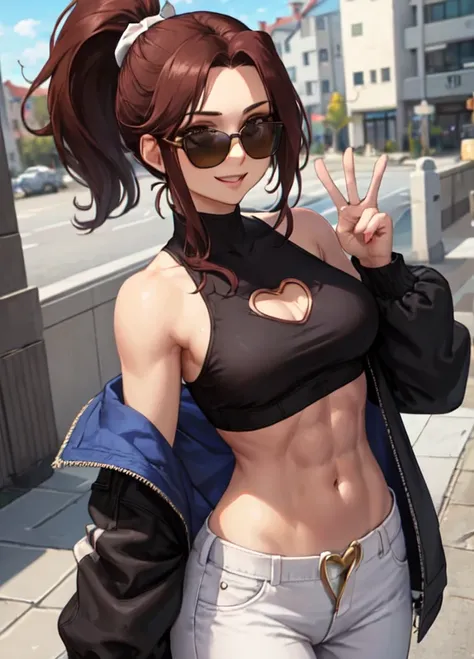 A simple depiction of a smiling young woman with slightly less defined abs in a playful pose. She has her hair styled in two ponytails falling onto her shoulders. She is wearing a white crop top with a wide chest cutout, a brown long-sleeved jacket coverin...