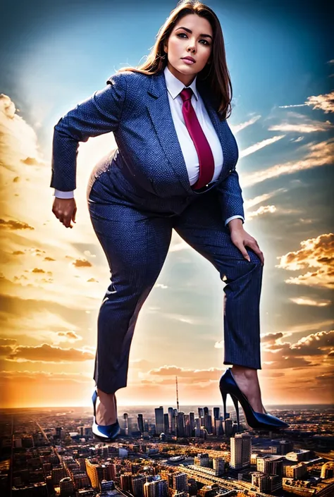 Looking up at the approaching young giantess from below, Giantess art, 500 miles tall giga giantess, young sophisticated and stylish woman in a light grey italian pinstriped trouser suit, form fitting crisp white office shirt, and a large wide blue necktie...