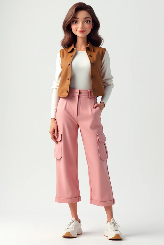 avatar model with the following outfit : light pink cargo pants slightly wide at the bottom , with tennis, white long sleeve bodysuit and formal vest closed in sleeveless brown fabric that has buttons and that the vest is short that reaches the waist and p...