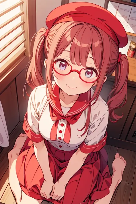 Looking up、 eyes are meditating、I have a medicine cabinet、Red twin tails、smile、Round Glasses、Round hat