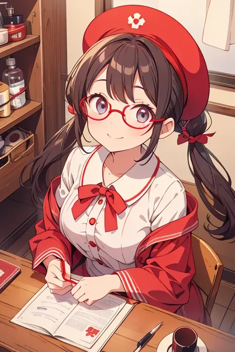 Looking up、 eyes are meditating、I have a medicine cabinet、Red twin tails、smile、Round Glasses、Round hat