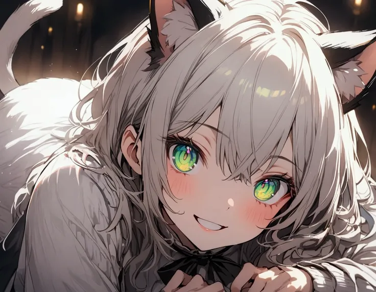 a boy with cat ears and a white tail and with green eyes, masterpiece, bright eyes, kind smile