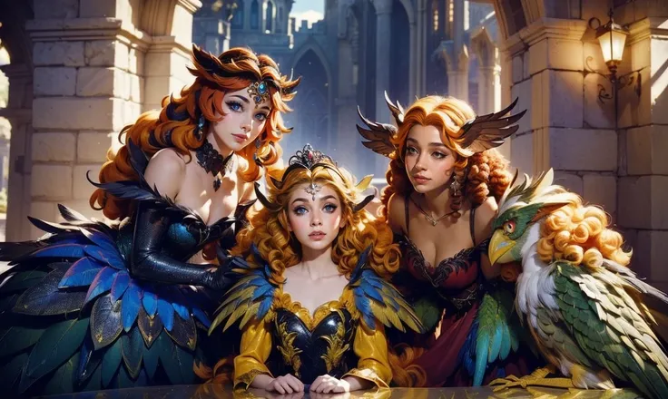 fantasy setting. close up. standing bunched in together in the middle of the picture. ((only 2 unique lovely harpy princesses:1.5)), unique personalities, ((unique expression on face:1.5)), (((unique natural hair colored:1.5))), ((red hair)), ((blond hair)...