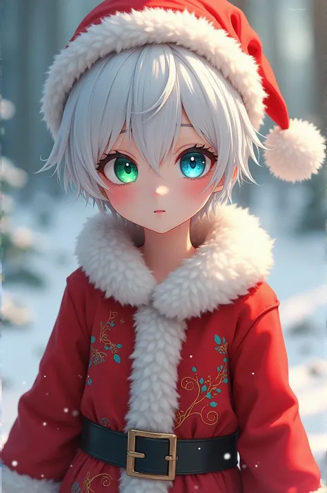  White-haired anime boy,  of approximately 19 years old ,  with one green left eye and blue right eye, Santa Claus dress sitting Claus  