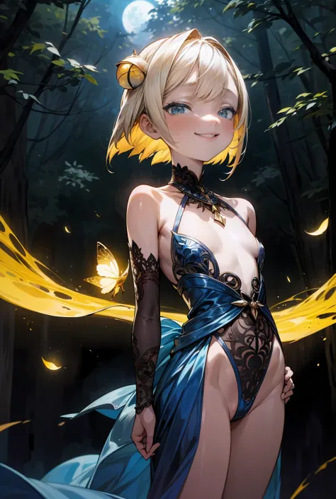 One girl with short blonde bob hair and blue eyes , ,,Smile more,  high definition, woman,  her hair is adorned with glowing fireflies , Captivatingly shining eyes.  wears a moonlight woven gown and metallic blue bikini, Small handle with slim body、 she is...