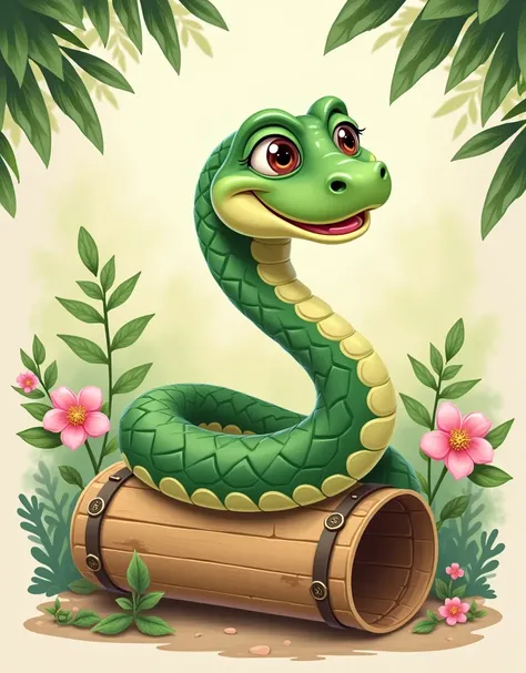 A green snake comes out of a bamboo tube 、 pine leaves and plum blossoms are displayed on the back 。 Please design a mascot character with a humorous and bright expression
