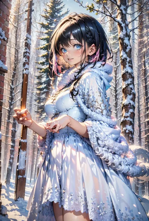 1girl,(((pink short hair,blue eyes))),
a girl with flowing black hair and fair skin,dressed in a beautiful blue gown and a white puffy cloak,standing in a snowy forest, surrounded by towering pine trees,her bright blue eyes shining with innocence,her rosy ...