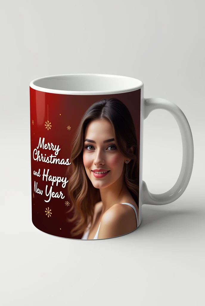  Create an image of 21x9cm to sublimate a mug that on one side of the mug says "Merry Christmas and Happy New Year " and on the other side is the image of a lady 