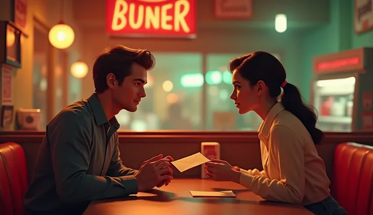 Jerry handing a sealed envelope to a woman in a casual diner, their eyes meeting with a mix of trust and tension; retro, cozy atmosphere, illustration realist, street light in gold and red tones, cinematic quality, 8k, 3D photography,