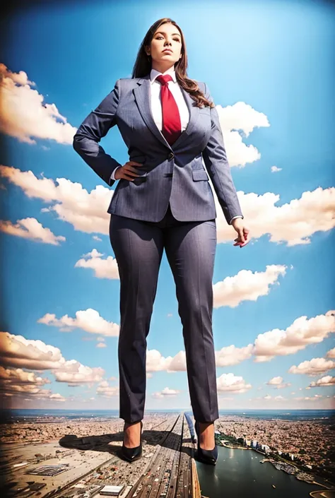 Looking up at the approaching young giantess from below, Giantess art, 500 miles tall giga giantess, young sophisticated and stylish woman in a light grey italian pinstriped trouser suit, form fitting crisp white office shirt, and a large wide blue necktie...