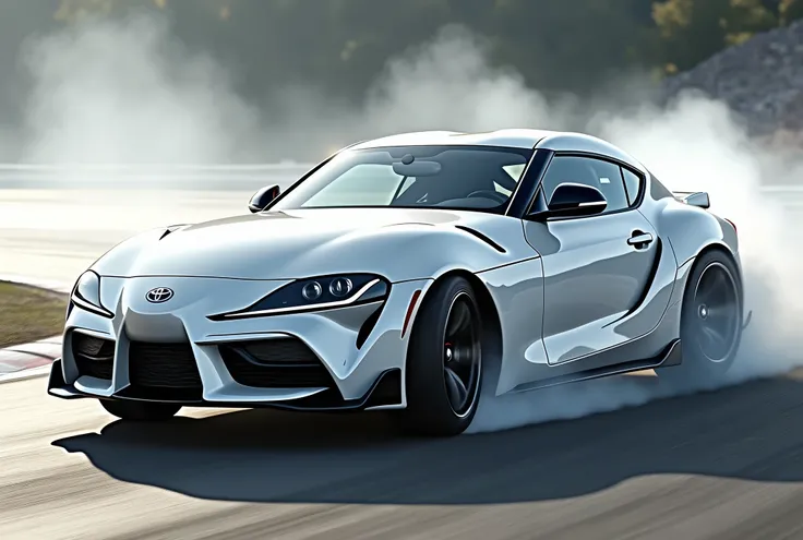  Toyota Supra、white、 sports coupe 、 Realistic Body Texture 、Cold Metallic Gloss 、Circuit driving、Drift、white smoke、