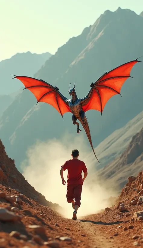 A hyper-realistic cinematic scene depicting a man wearing a red T-shirt and long pants running with determination across a vast, rugged mountain plain. Beside him, a majestic robotic dragon, colored in a striking combination of red and white, soars low, it...