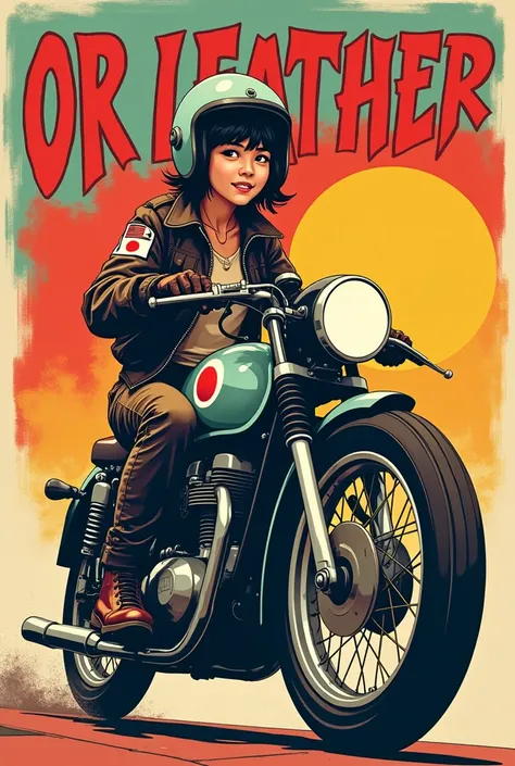 Pop Art style. A young, pretty, smiling Japanese woman with messy short black hair wears a stylish flight jacket with a Japanese flag patch on her shoulder, sturdy cargo pants, sturdy boots, a vintage helmet and gloves, and rides confidently on a vintage m...