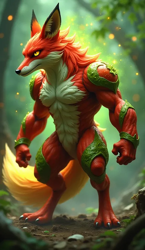 create 32k detailed, mystical image of a Dangerous Fighting Untamed Hybrid Fusion of Fox, Apple, and Spinach. This creature combines the agile predatory nature of the fox with the vibrant, refreshing qualities of the apple and the earthiness of spinach. Th...