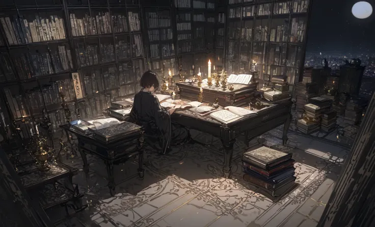 #quality ( Intricate Details 、 ultra-detailed :1.2),
#Night Sky (Darkness of the Night,No light),
# one writing boy  (、writer,Honor student、 dark-haired、 short hair、 Similarly ,Sit flat),
#Dark room at night (No light,  black cat,Books on the desk,A candle...