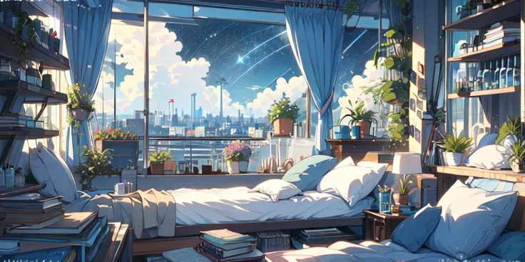 (masterpiece:1.2),  top quality , pixib, comfy animated scene with 1 girl sitting,
女の子1人が座っている，scenery,   knight ,  window, no humans, null, plant,   knight  null, pillow, cityscape,  bed, star (null), Books, chair, cloud, Books, city, lamp,  building, ind...