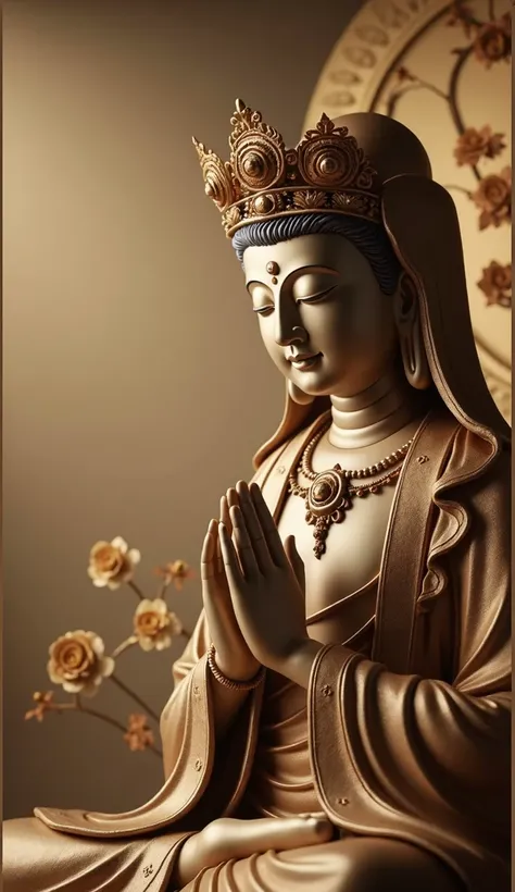 A hyper-realistic and lifelike image of Miroku Bosatsu (Maitreya Bodhisattva) depicted in a serene and meditative posture. The figure should exude divine presence, with delicate and precise detailing of its facial features and traditional Buddhist attire. ...